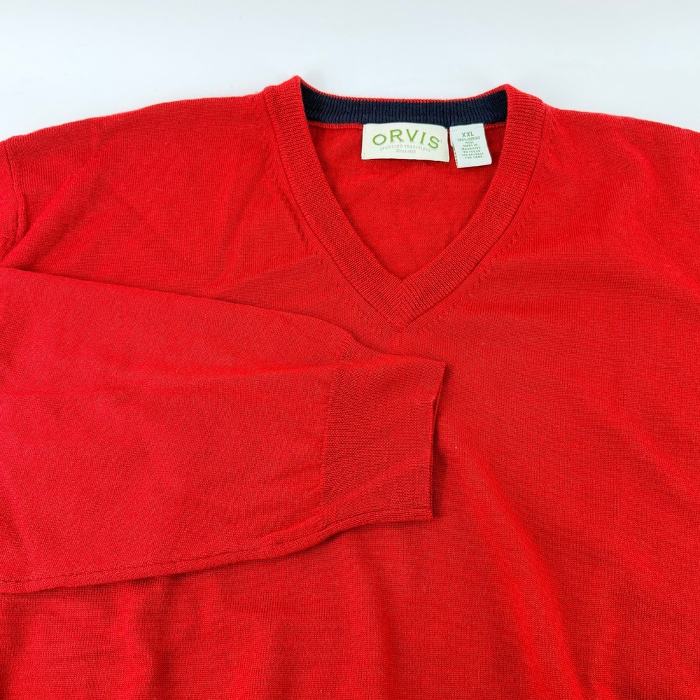 Orvis Mens XXL Red 100% Merino Wool V-Neck Knit Sweater RN70534